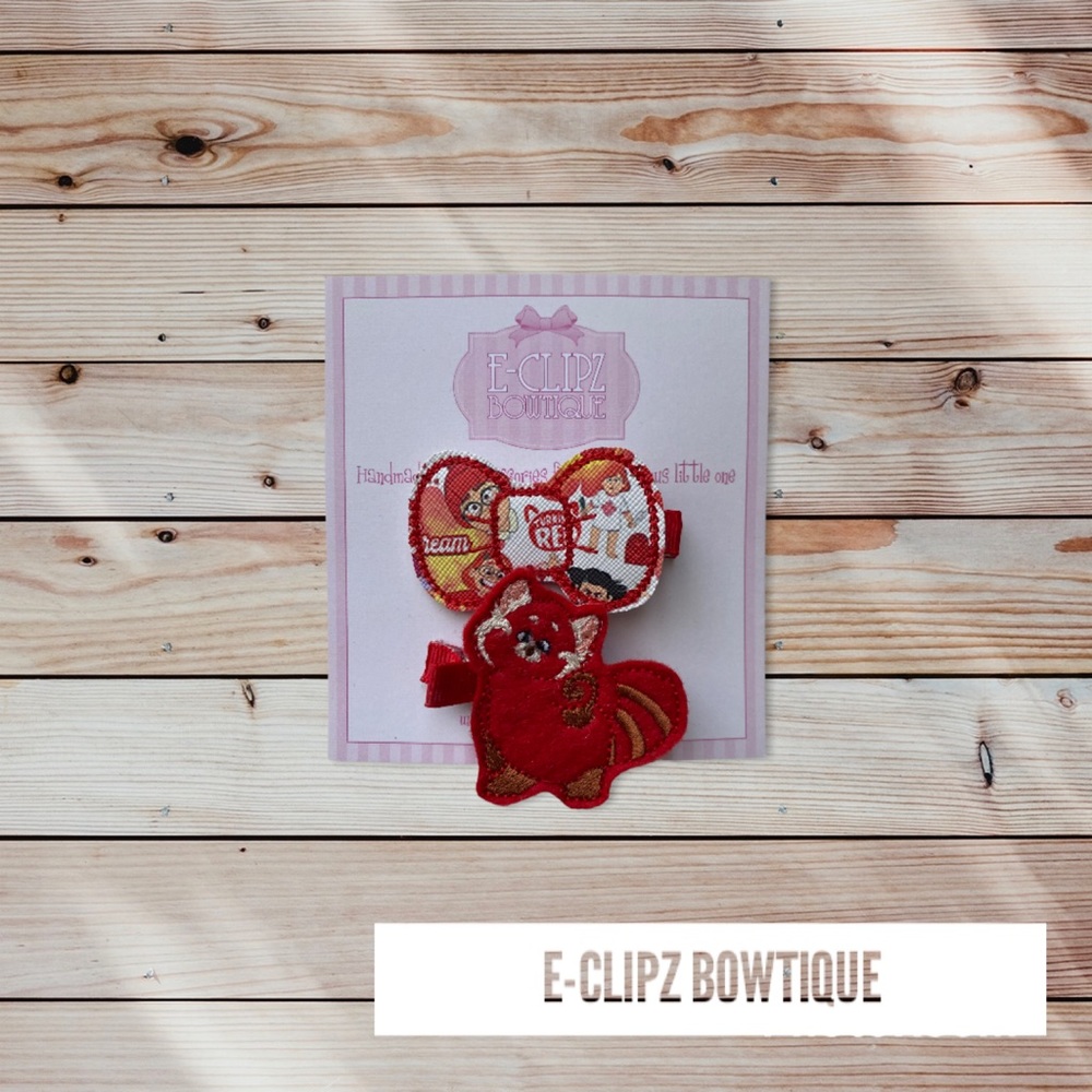 New red panda feltie appliqué and Turning-Red faux leather applique on clips